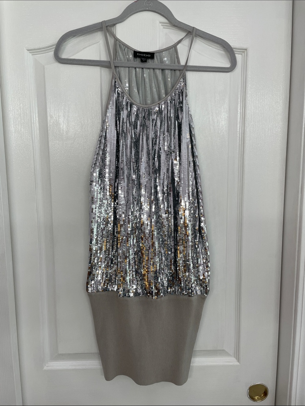 bebe Silver Sequin Halter Camisole Top with Ribbed Hem